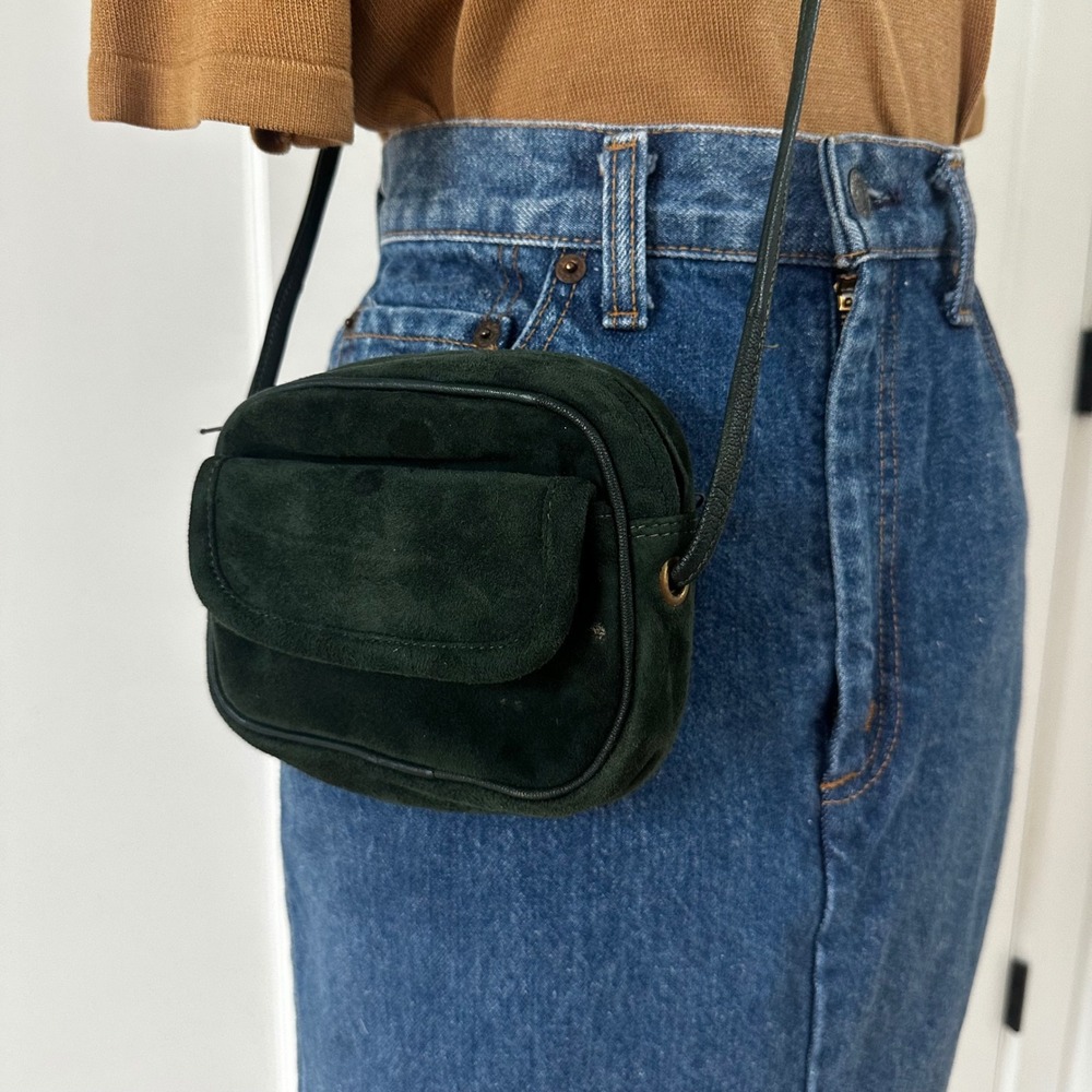 Vintage Barganza Forest Green Suede Leather Crossbody Bag Small Purse